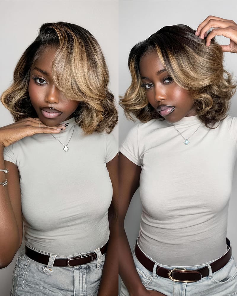 Opholab 13x6 Three-Go™ 280% High Density Glueless Old Money Bob Loose Body Wave Bob Wig Pre-cut Lace Ombre Platinum Blonde Balayage Highlights
