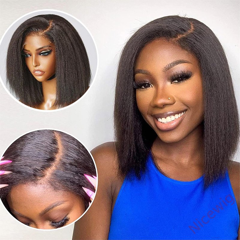 New Glueless Yaki Kinky Straight 200% Density Black Wig